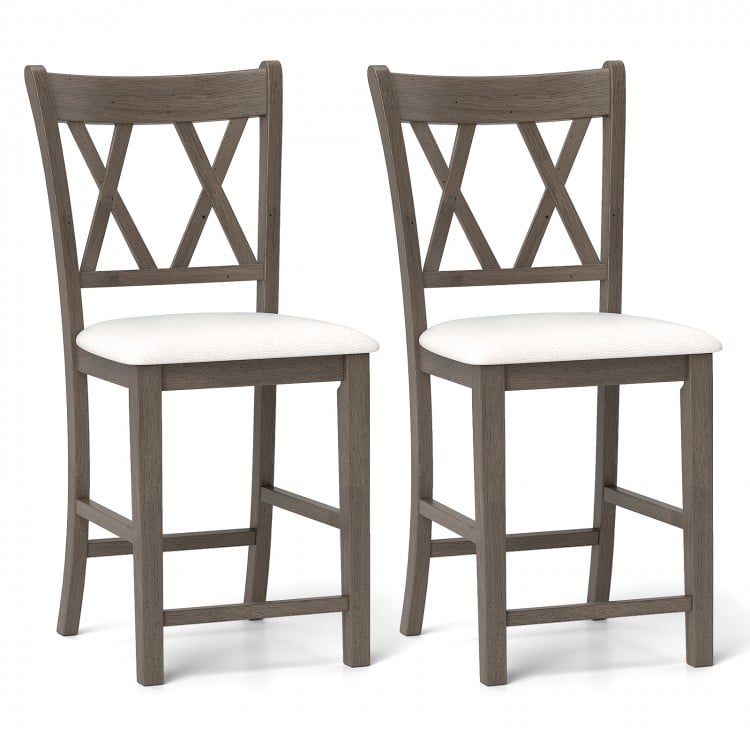 Set of 2 bar stools with cross back design, beige linen upholstered seats, and solid rubber wood frame for durability.