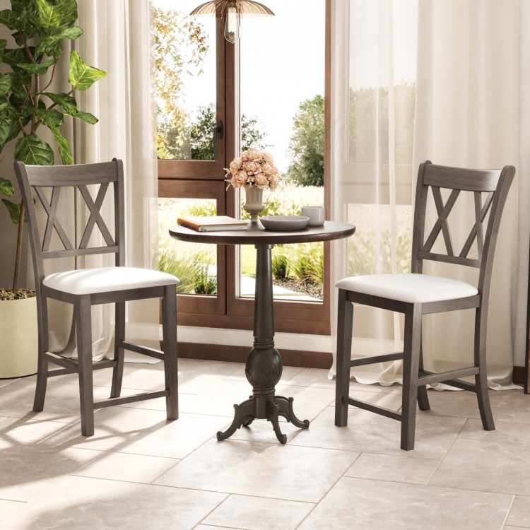 Set of 2 bar stools with cross back design and beige linen fabric seats, perfect for stylish dining areas.