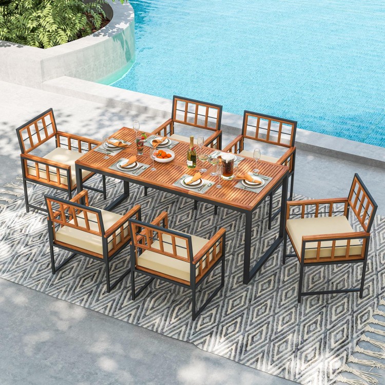 Set of 6 acacia wood patio dining chairs with cushions, featuring ergonomic design and sturdy metal construction for.