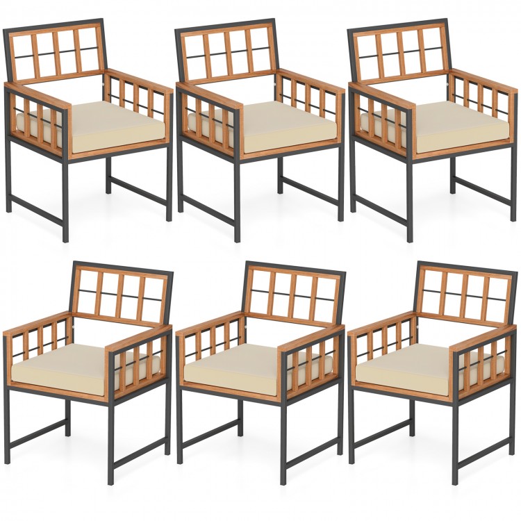 Set of 6 Patio Dining Chairs Acacia Wood Armchairs with Cushions - Gallery View 2 of 4