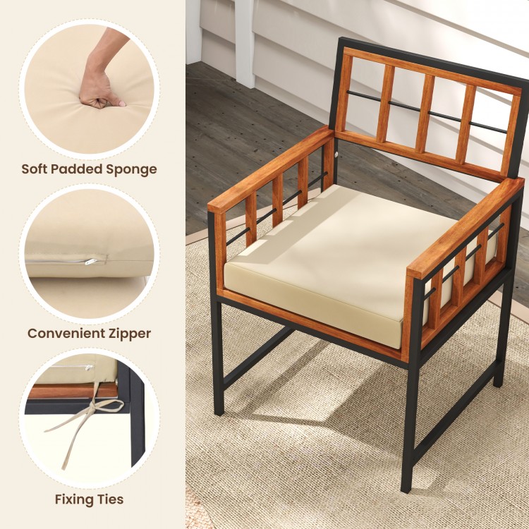 Single acacia wood patio dining chair with soft cushion, convenient zipper, and fixing ties for secure seating.