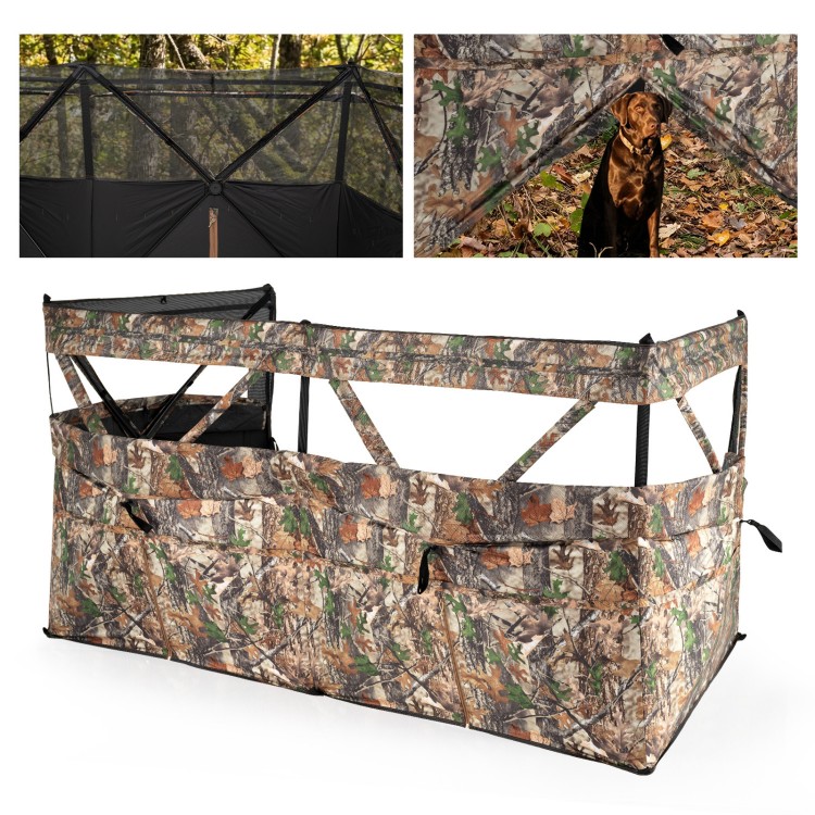 See-through hunting blind panel with camouflage pattern, featuring adjustable windows and dog doors for enhanced.