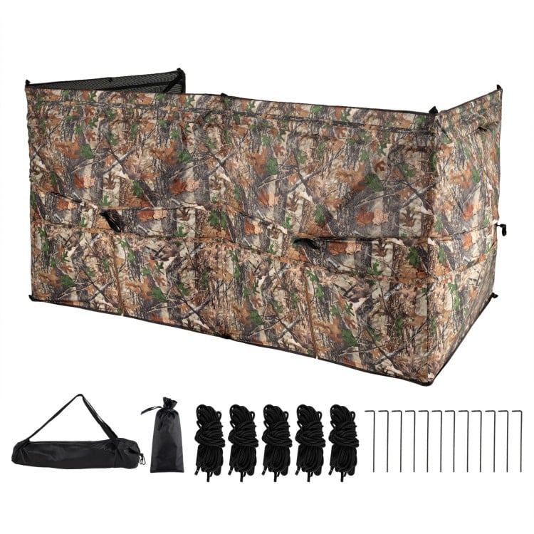 See-through hunting blind panel with camouflage pattern, adjustable windows, and dog doors for 1-3 people.