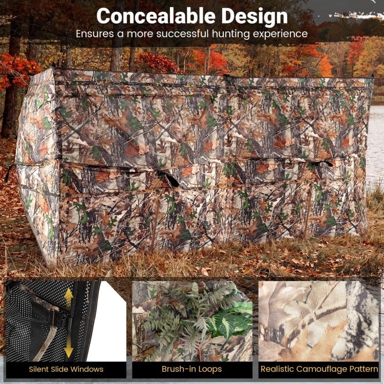 See-through hunting blind panel with realistic camouflage, adjustable windows, and dog doors for enhanced hunting.