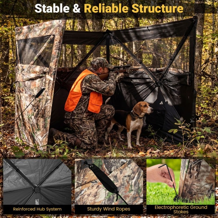 Hunting blind with reinforced hub system and sturdy wind ropes, designed for stability and enhanced concealment in the.