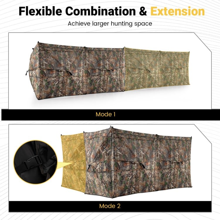Flexible hunting blind panel in two modes, featuring camouflage fabric and adjustable windows for enhanced concealment.