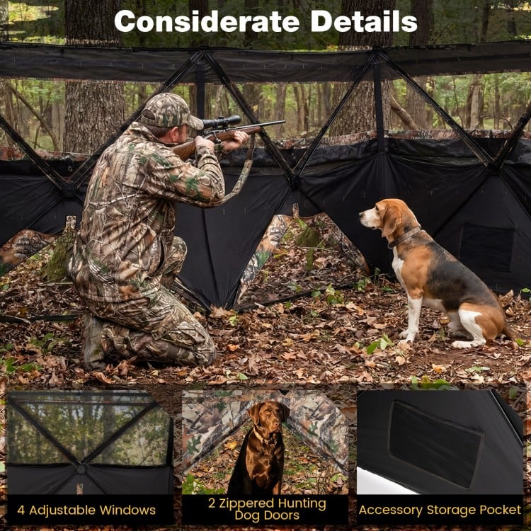 See-through hunting blind panel with 4 adjustable windows and 2 zippered dog doors for enhanced hunting synergy.