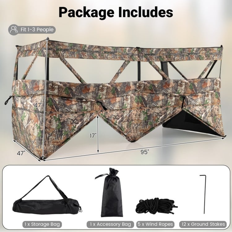 See-through hunting blind panel with camouflage pattern, includes dog doors, adjustable windows, and storage bag for.