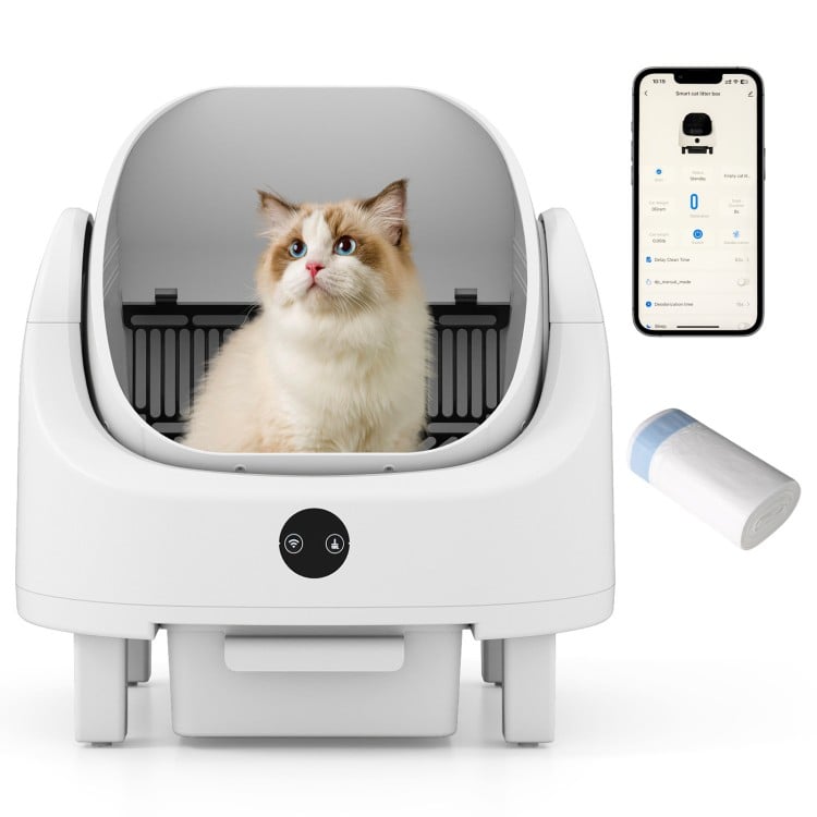 Self-cleaning open-top cat litter box with app control, featuring a 8L waste bin and infrared sensor for safety.
