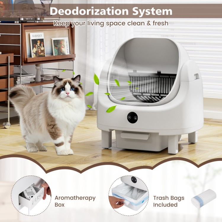 Self-cleaning open-top cat litter box with deodorization system, APP control, and included trash bags for easy.
