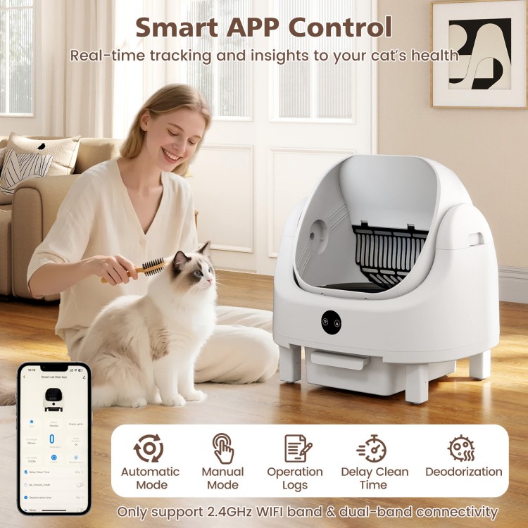 Self-cleaning open-top cat litter box with APP control, designed for multi-cat households, featuring a 8L waste bin.