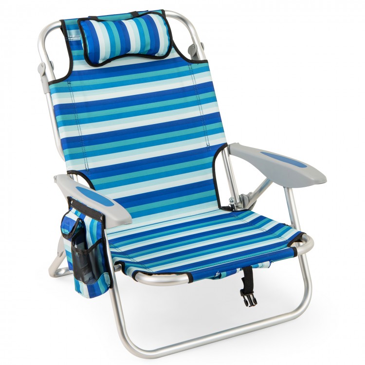 Folding beach chair with blue stripes, adjustable backrest, and side pockets, perfect for outdoor lounging and.