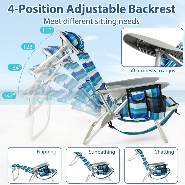 Folding beach chair with 4-position adjustable backrest, sturdy aluminum frame, ideal for sunbathing and relaxing.