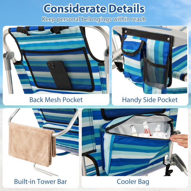 Folding beach chair with adjustable backrest, cooler bag, side pocket, and towel bar for convenient outdoor relaxation.