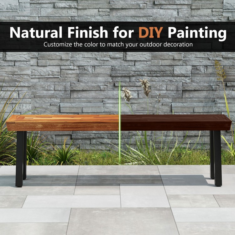 Backless outdoor acacia wood bench with metal frame, customizable natural finish, seats 2-3 people for garden or patio.