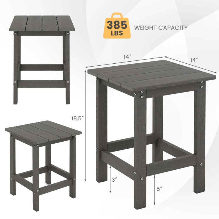 Gray 14-inch square weather-resistant Adirondack side table with slatted top and 385 lbs weight capacity for outdoor use.