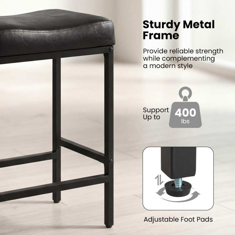 Black 25-inch counter height bar chair with ergonomic saddle seat, sturdy metal frame, and adjustable foot pads for.