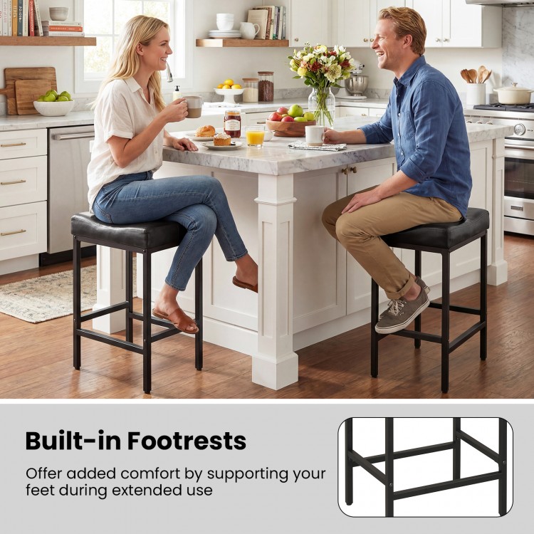 Backless black counter height bar chair set with ergonomic saddle seats and built-in footrests for kitchen islands.