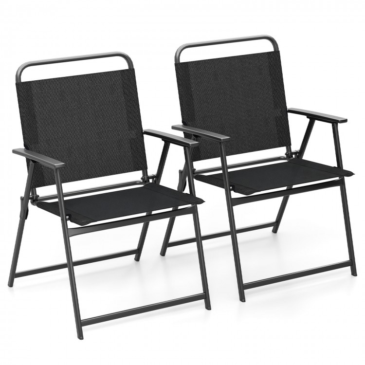 Set of 2 outdoor folding chairs with breathable seats and rustproof metal frames, perfect for backyard or camping use.