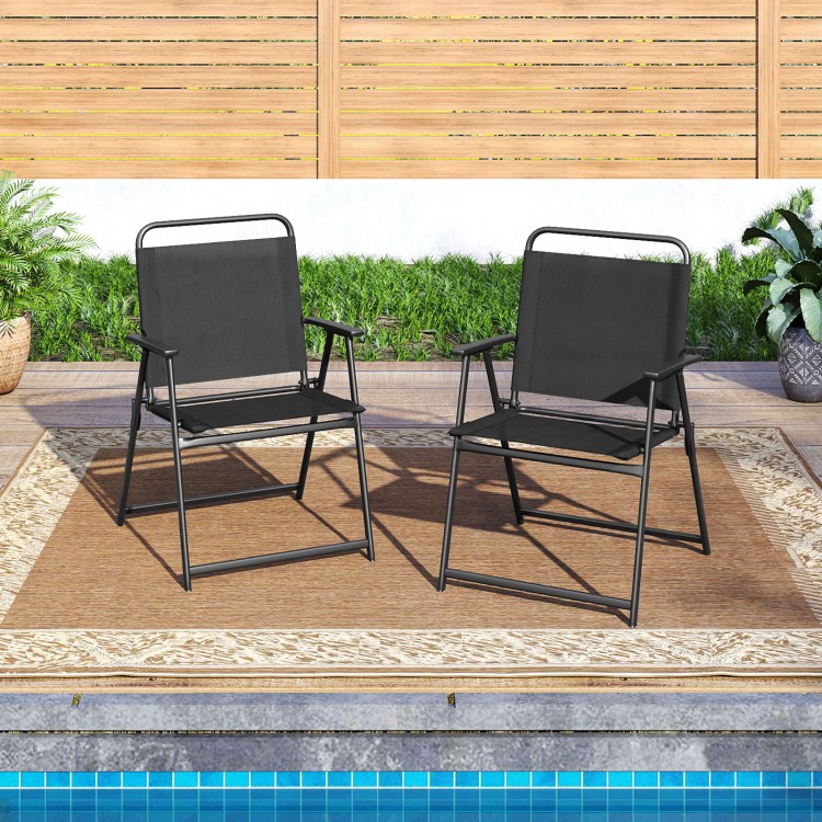 Set of 2 outdoor folding chairs with breathable seats, rustproof metal frame, ideal for backyard or garden use.