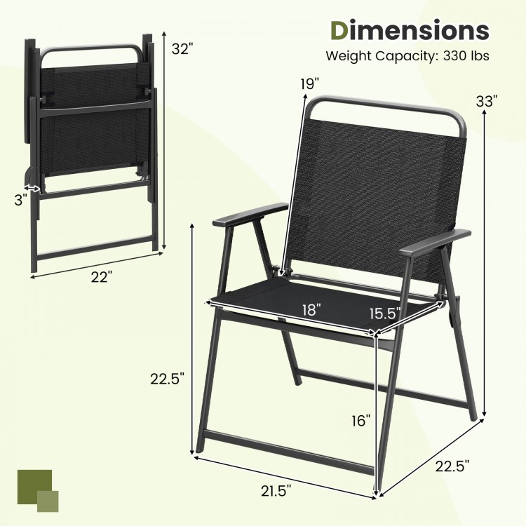 Outdoor folding chair with breathable seat, rustproof metal frame, and dimensions for easy storage and carrying.
