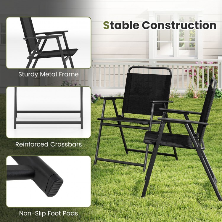 Set of 2 outdoor folding chairs with breathable seat, sturdy metal frame, and anti-slip foot pads for backyard use.