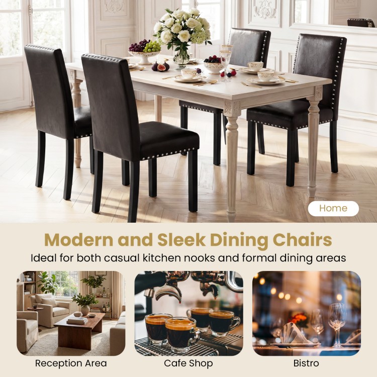 Set of 4 dining chairs with faux leather upholstery, solid wood legs, and elegant nailhead accents for versatile dining.