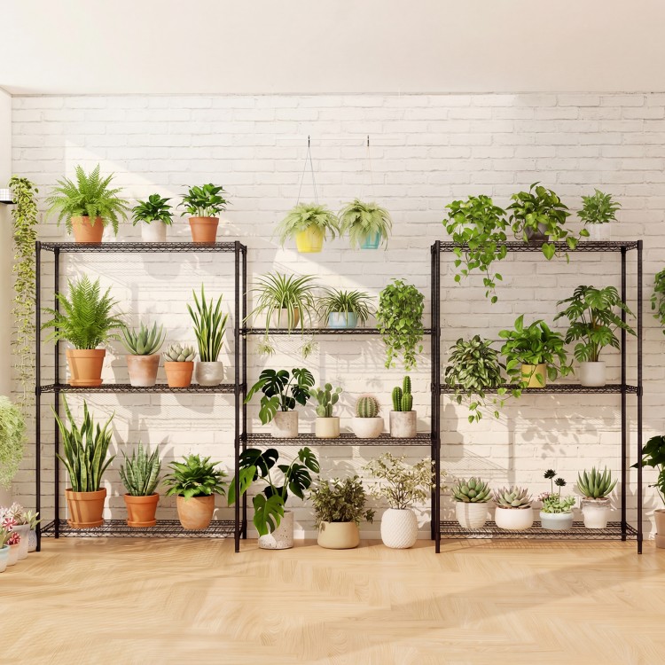 4-tier black metal shelving units with V-shaped wire racks, ideal for organizing plants in various indoor settings.