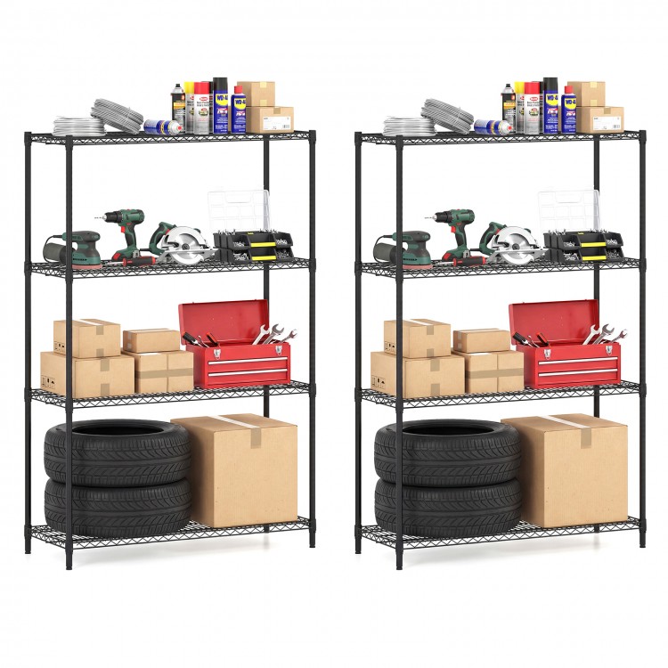 Set of 2 black 4-tier metal storage shelving units with adjustable shelves, ideal for garage or basement organization.