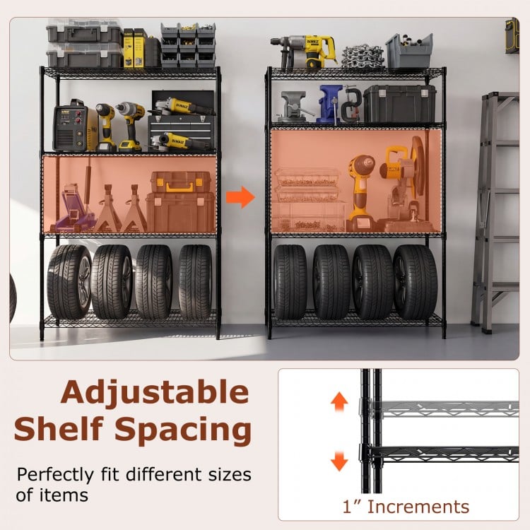 4-tier metal storage shelving unit with adjustable shelf spacing, ideal for organizing tools and tires in garage or.