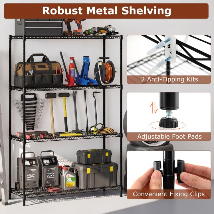 4-tier black metal storage shelving unit with adjustable shelves and anti-tipping kits, ideal for garage or basement.