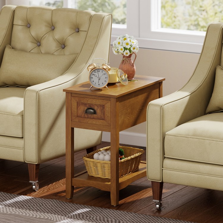 Contemporary side end table with drawer in natural finish, featuring a spacious tabletop and bottom shelf for storage.