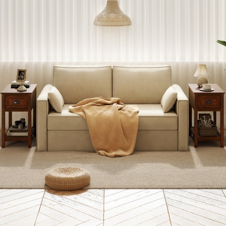 Contemporary side end table in walnut with drawer and shelf, perfect for compact living spaces and home decor.