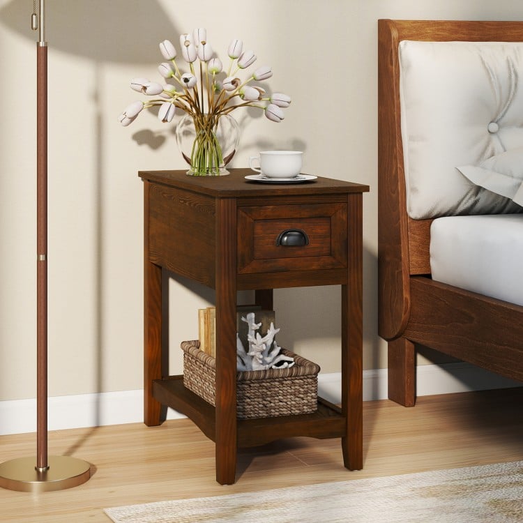 Contemporary walnut side end table with drawer and shelf, perfect for compact spaces in bedrooms or living rooms.