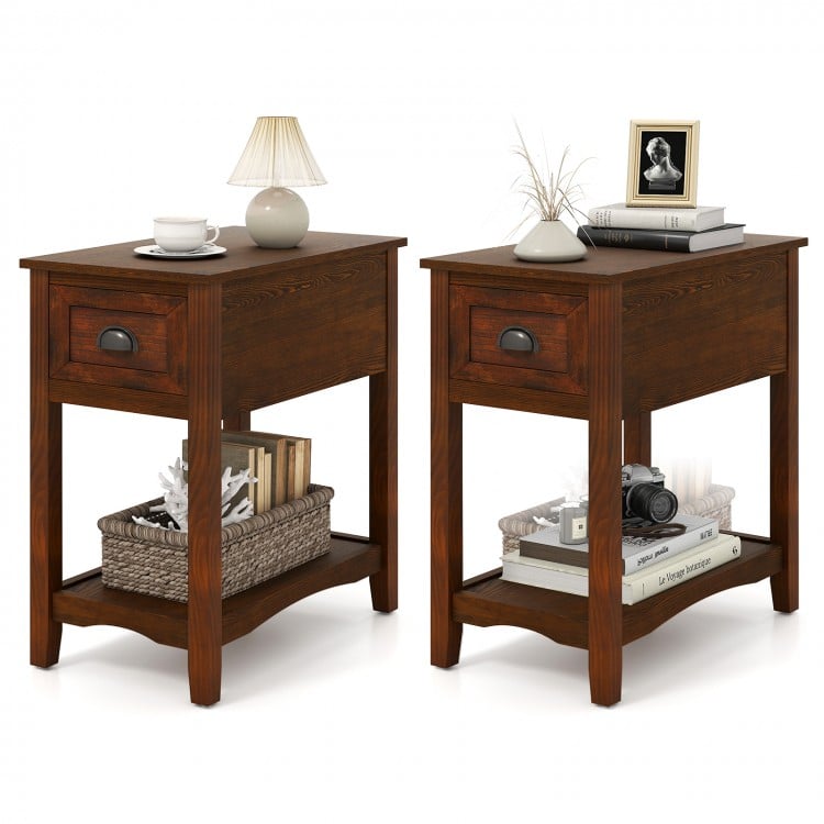 Set of 2 walnut side end tables with drawer and shelf, perfect for compact spaces in living room or bedroom.