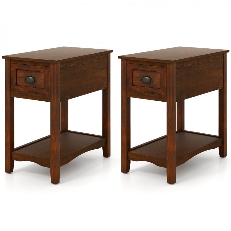 Set of 2 walnut contemporary side end tables with drawer and shelf, perfect for compact living spaces and home decor.