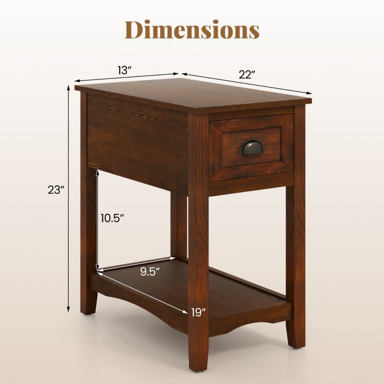 Contemporary side end table in walnut with drawer, measuring 22x13x23 inches, ideal for compact living spaces.