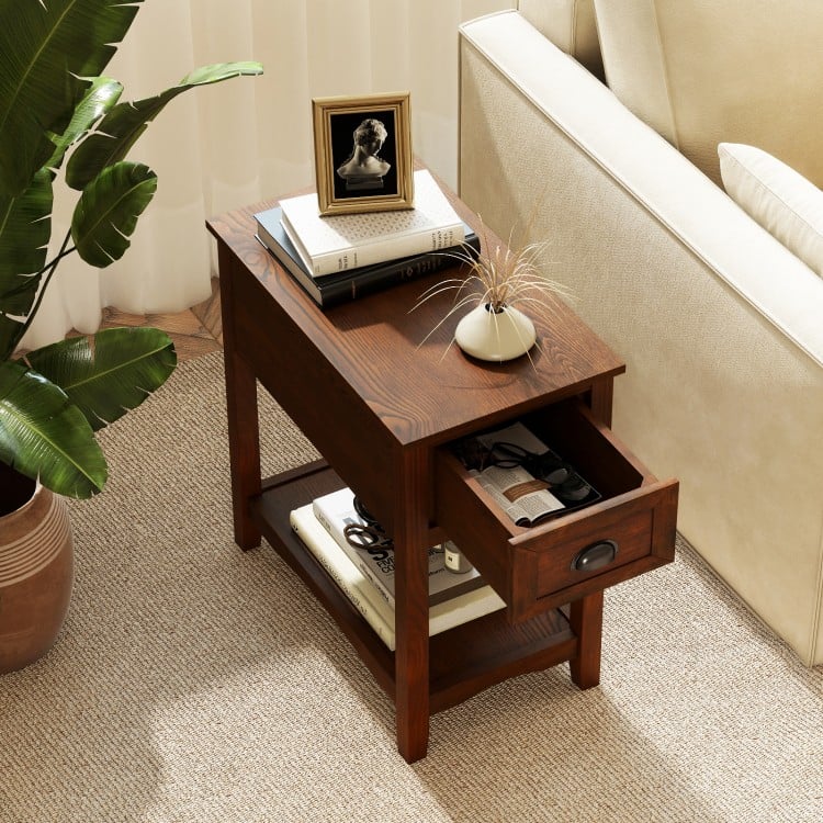 Contemporary walnut side end table featuring a drawer and shelf, perfect for compact living spaces and home decor.