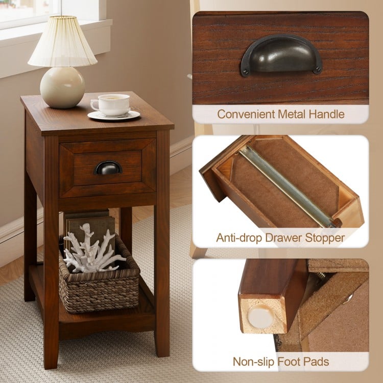 Contemporary walnut side end table with drawer, metal handle, and bottom shelf for compact storage in any room.