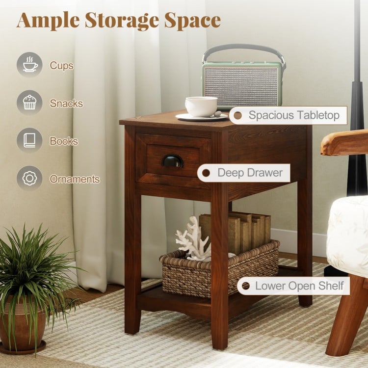 Contemporary walnut side end table featuring a spacious tabletop, deep drawer, and lower open shelf for ample storage.