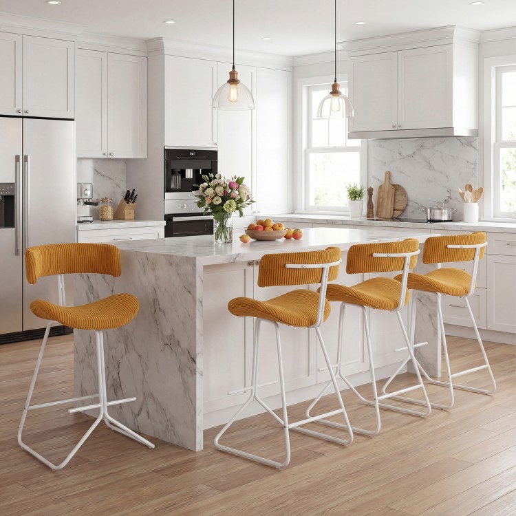 Counter height stool set with armless design, orange corduroy seat, and metal base, ideal for kitchen counters.
