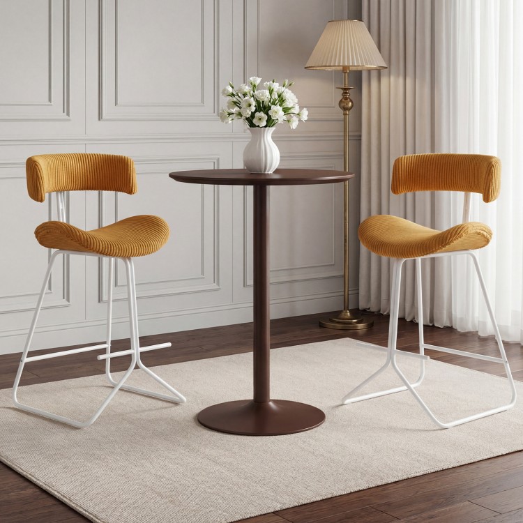 Set of 2 armless counter height stools with padded orange corduroy seats, ideal for 34"-36" high tables.
