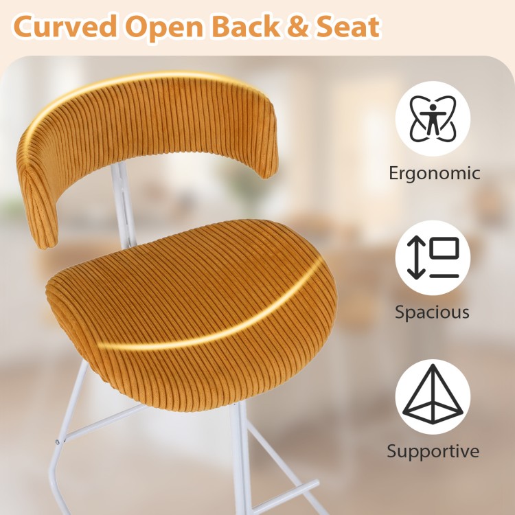 Curved open back and padded seat of orange corduroy barstool, providing ergonomic support for counter height tables.