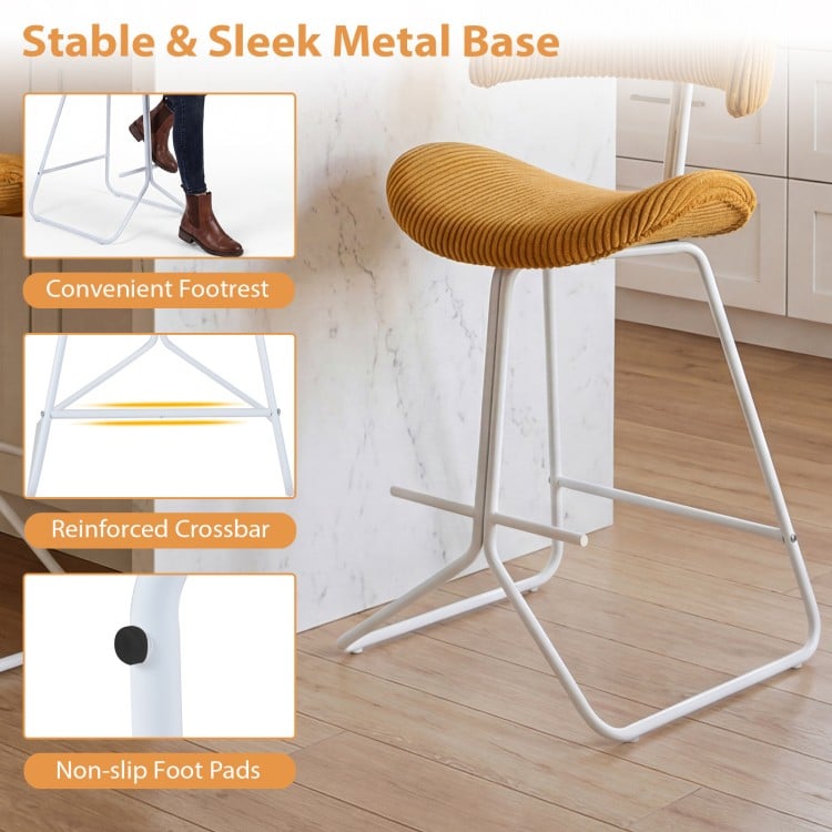 Counter height stool with orange padded seat, stable metal base, footrest, and non-slip foot pads for comfort and.