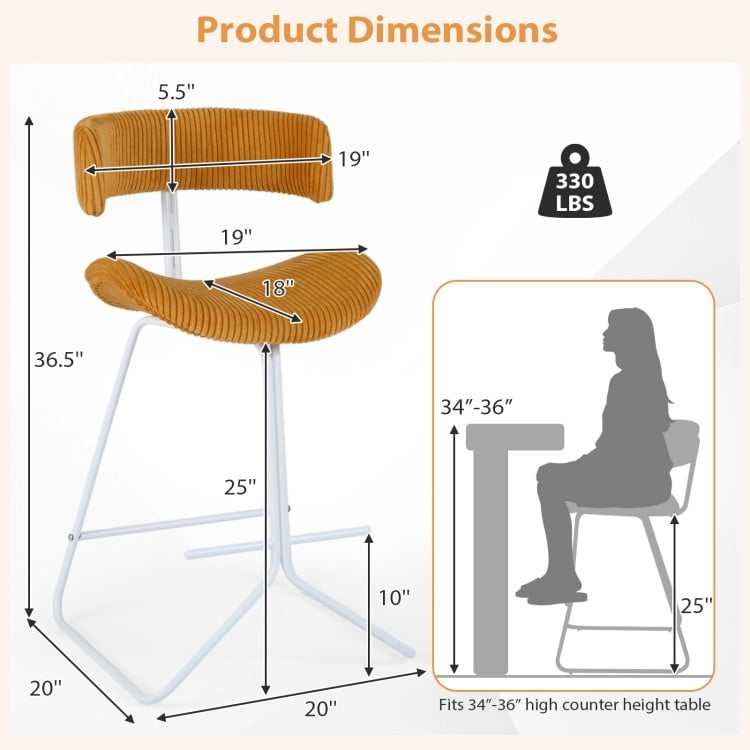 Counter height stool set with orange corduroy seat, curved back, and footrest, designed for 34"-36" tables.
