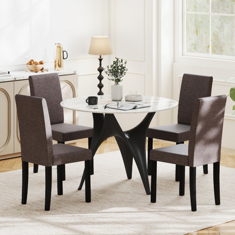 Mid-century modern dining chairs with brown fabric upholstery and rubber wood frame, perfect for elegant dining spaces.