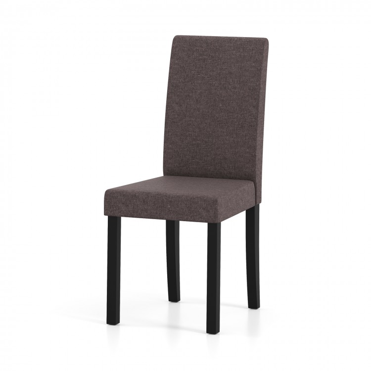 Mid-century modern dining chair with brown fabric upholstery and rubber wood frame, ideal for home or cafe settings.