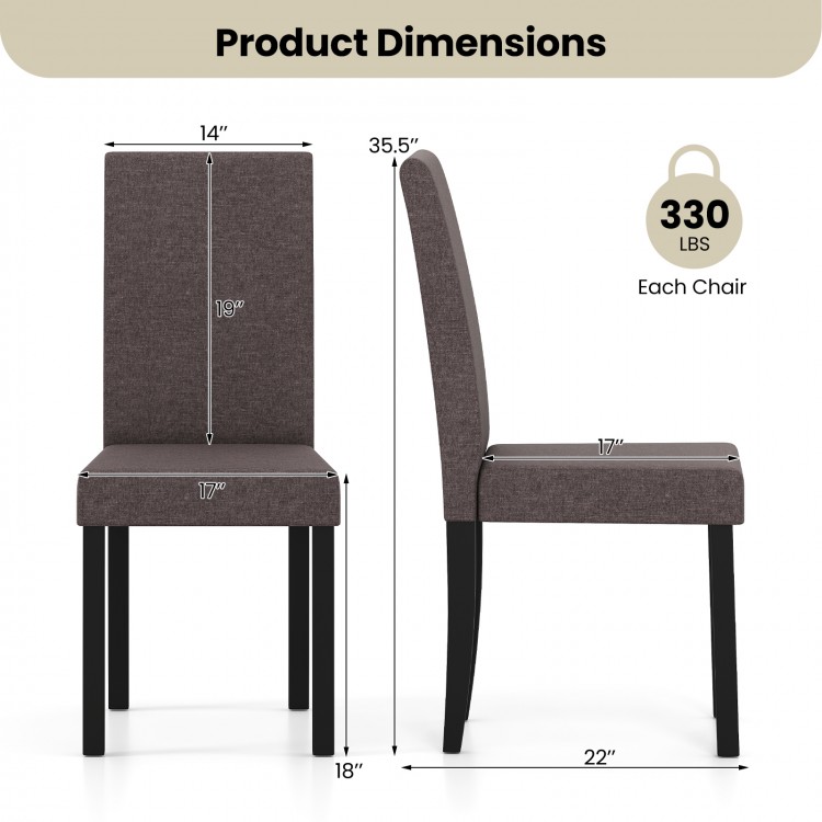 Mid-century modern dining chair dimensions with brown fabric upholstery, rubber wood frame, and 330 lbs capacity.