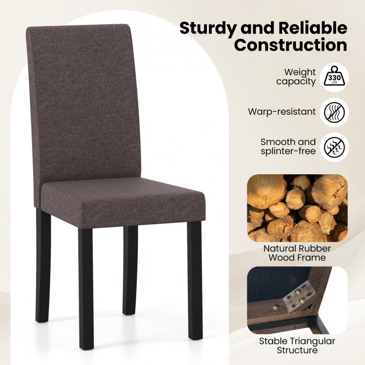 Brown mid-century modern dining chair with rubber wood frame, smooth fabric, and thick padding for comfort and support.