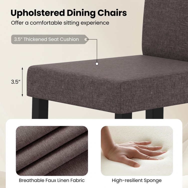 Brown upholstered dining chair with 3.5" thick cushion, featuring breathable faux linen fabric for comfort and style.